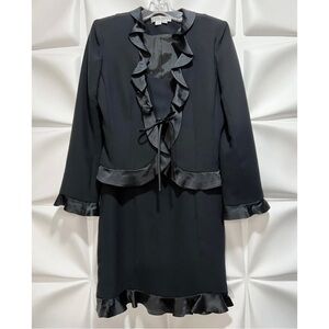 Kay Unger Sz 4 Black Satin Ruffled Cropped Jacket Sheath Dress Suit Set RARE!